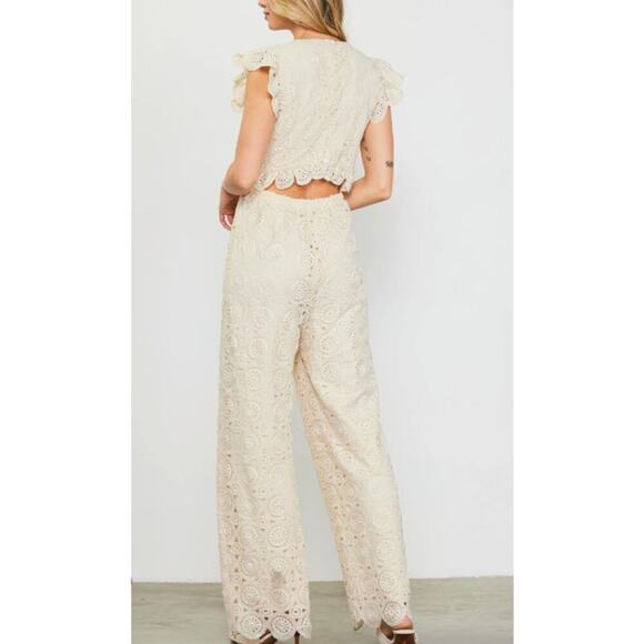 NWT Skies Are Blue Crochet Jumpsuit, Ruffle Sleeve, Ivory, Open Back, Size S - Picture 3 of 8